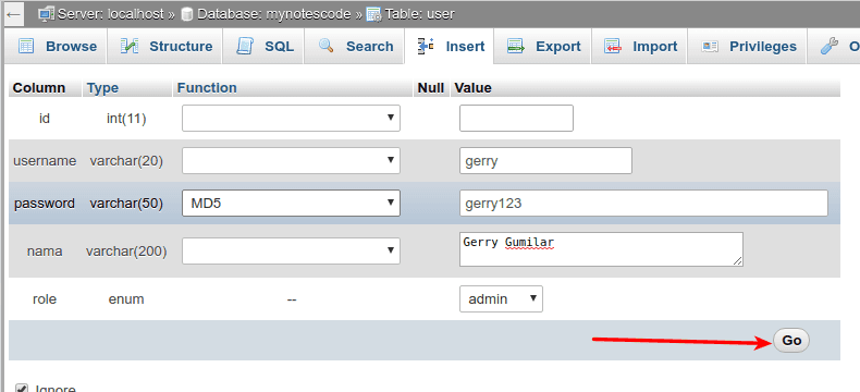 Langkah 8 - Cara Membuat atau Mengubah Password MD5 di PHPMyAdmin